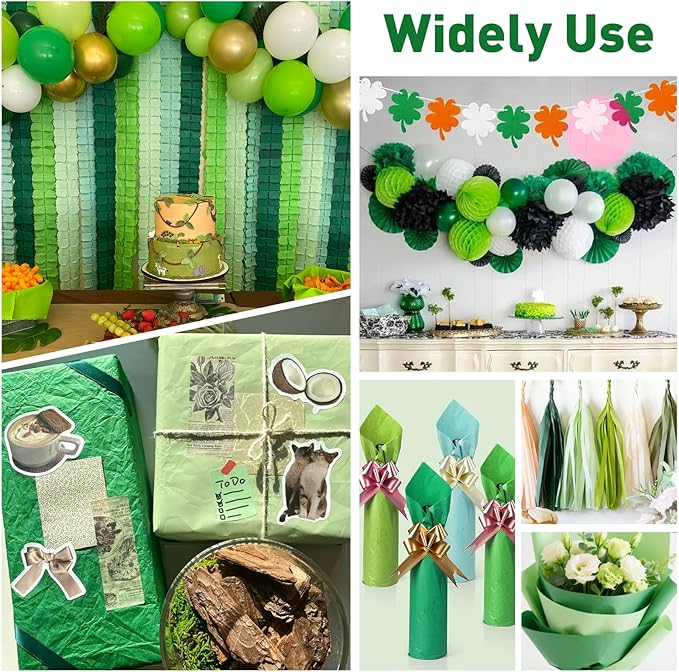 TUXIYA 200 Sheets Green Tissue Papers for Gift Bags,14 X 20Inch Mixed Green Wrapping Tissue Paper Bulk for St. Patrick’s Day,Birthday Party Flower Decoration, Colored Tissue Paper Bulk for Packaging