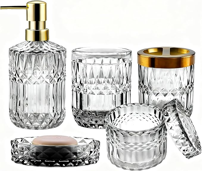 5Pcs White Bathroom Accessories Set, Glass Bathroom Accessories, Vintage Bathroom Countertop Decoration Includes Soap Dispenser, Toothbrush Holder, Qtip Holder,Soap Dish and Rinsing Cup