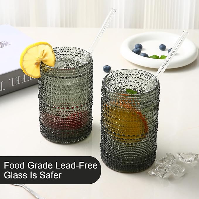 ZMOWIPDL Vintage Glassware Drinking Glasses Set of 6,15 oz Hobnail Glass Cups,Embossed Grey Water Tumbler,for Beer,Cocktail,Whiskey,Juice and Various Mixed Drinks- 1 Cleaning Brush
