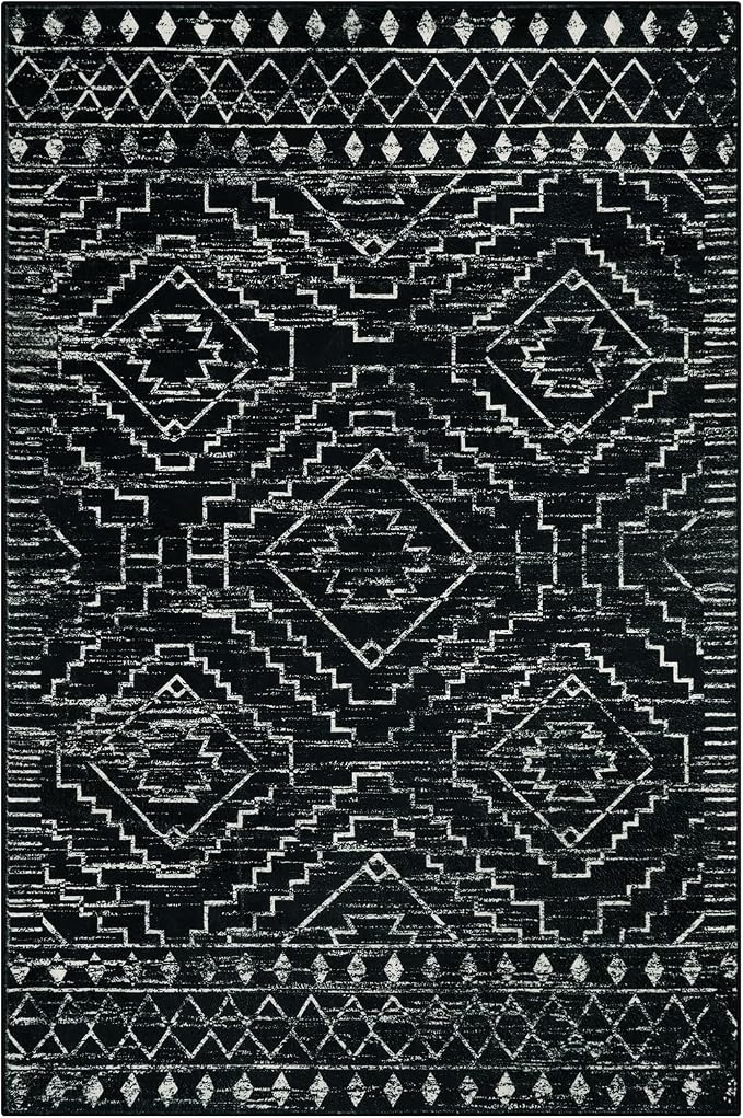 Wonnitar Moroccan 6x9 Area Rugs, Washable Black Rugs for Living Room, Large Soft Bedroom Throw Rug, Non-Slip Stain Resistant Thin Boho Floor Carpet for Dining Room Home Office Decor (Black,6'x9')
