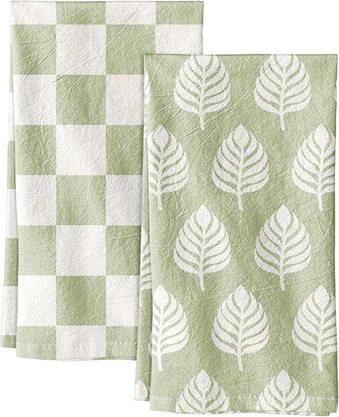 Miss Adola 2 Pack Flour Sack Kitchen Towels - 16x26 Inch Cotton Dish Towels with Hanging Loop Reusable Geometric Boho Modern Retro Tea Towel Absorbent Dishcloths Home Decor, Green Leaf