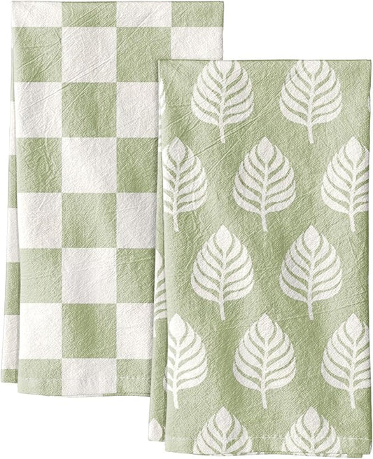 Miss Adola 2 Pack Flour Sack Kitchen Towels - 16x26 Inch Cotton Dish Towels with Hanging Loop Reusable Geometric Boho Modern Retro Tea Towel Absorbent Dishcloths Home Decor, Green Leaf