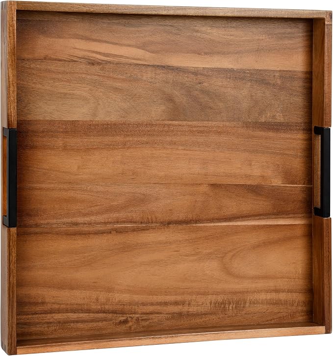 Large Ottoman Tray for Living Room and Coffee Table, Decorative Acacia Wood Serving Tray with Metal Handles for Breakfast in Bed, Dinner Food Kitchen TV (Natural, 17" x 17" x 2")