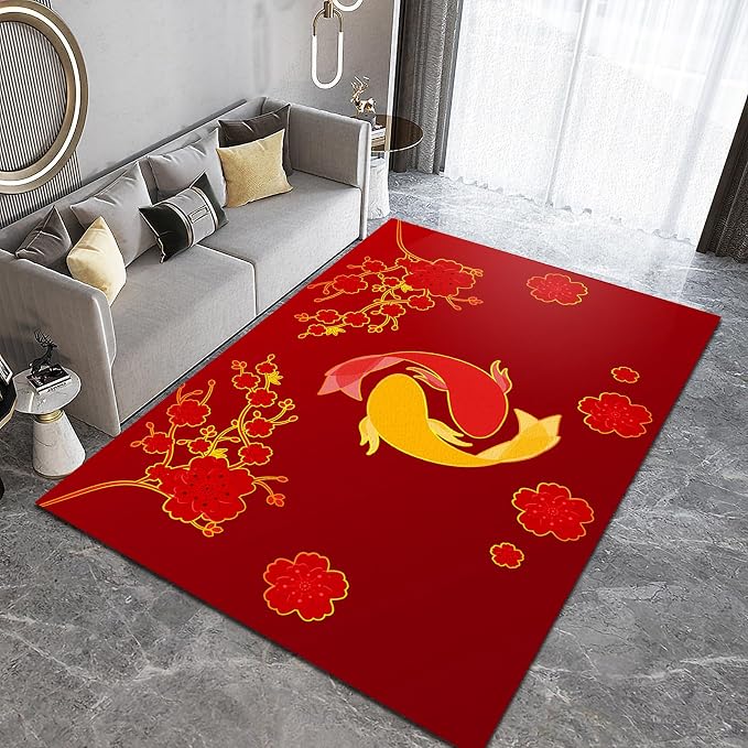 Chinese Style Koi Area Rug, Red Background Plum Blossom Non Slip Accent Rug, Machine Washable Durable Carpet for Indoor Bedroom Living Room Office Decor Rug - 3 ft x 4 ft