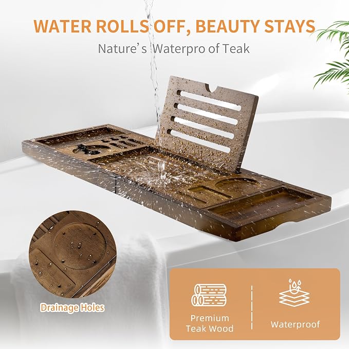Luxury Teak Bathtub Tray - Foldable Bath Caddy with Expandable Handles, Wine Glass & Phone Holder, Book Stand - Enhance Home Spa Experience with Natural Material - Relaxing & Reading, Light Walnut