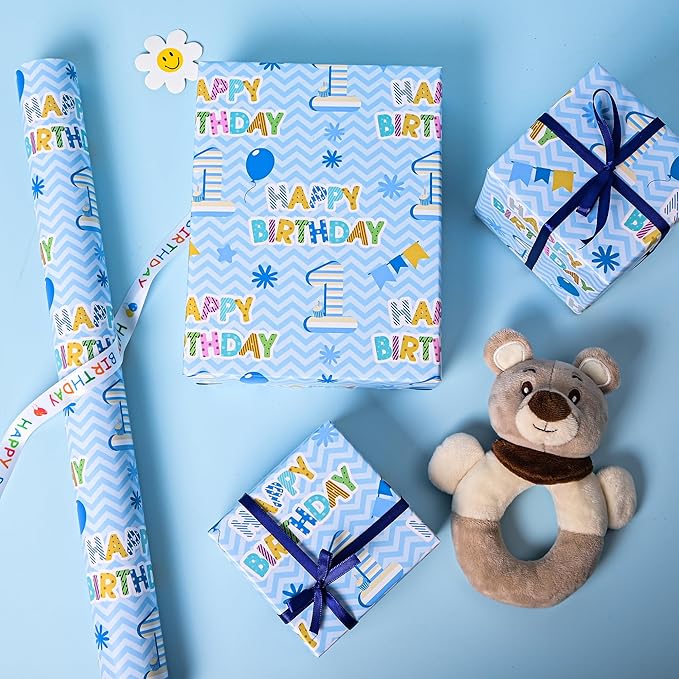 Altarho 1st Birthday Wrapping Paper Roll - Blue Happy Birthday with Balloon Gift Wrap Sheets for Kids Boys Baby Shower Party Decoration Celebration Total 28.5sq.ft