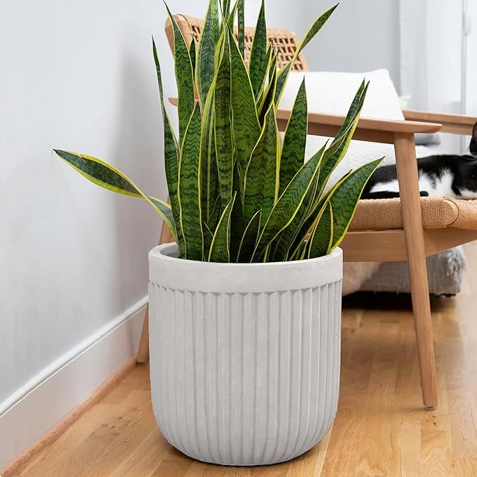 Ilyapa 14 Inch Large Fluted Modern Concrete Planter - 14x14 Inch Indoor Plant Pots with Drainage - Large White Planters for Indoor/Outdoor Use