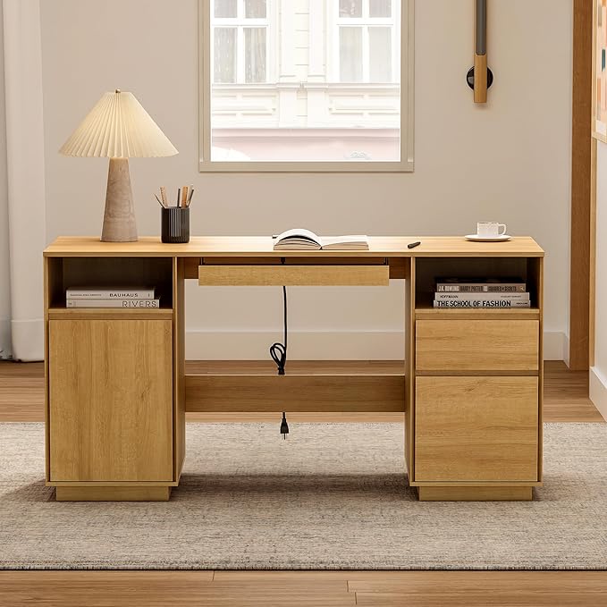59" Executive Desk, Farmhouse Large Home Office Desk with File Drawer & Outlet & Storage Cabinet, Wood Computer Desks with Keyboard Tray, Workspace for Study Writing, Natural Oak