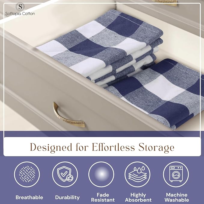Navy Buffalo Plaid Kitchen Dish Towels, 12 Pack, 100% Cotton, 16x26 Inches, Super Absorbent, Quick Dry, Soft, Durable, Dish Drying & Cleaning Towels with Hanging Loop, Navy Blue White