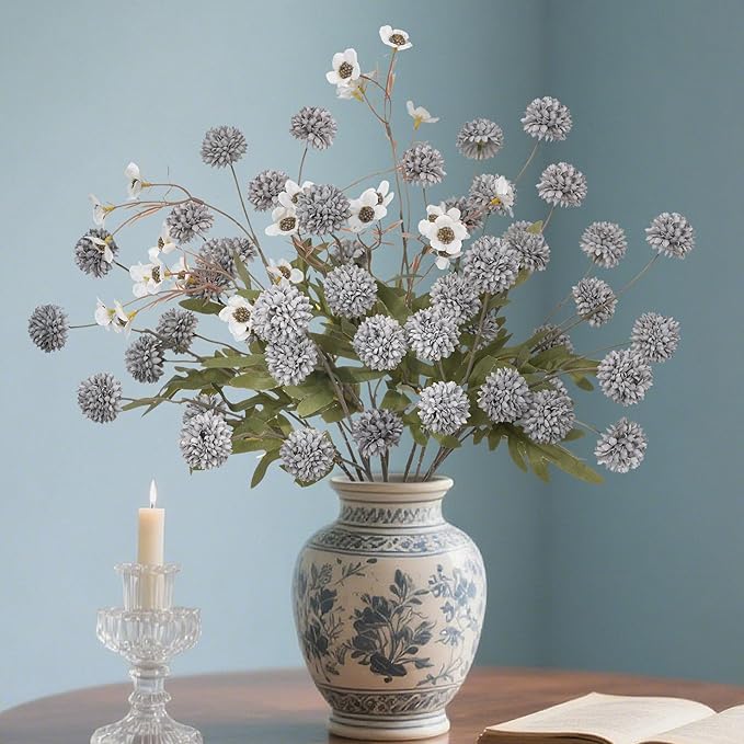 8PCS Blue Fake Flowers Artificial Chrysanthemum Faux Mums Matching 2PCS White Daisy Faux Flowers for Vase Fall Long Stems Flower Silk Flower for Home Decoration Wedding Decor,20.5In,No Vase