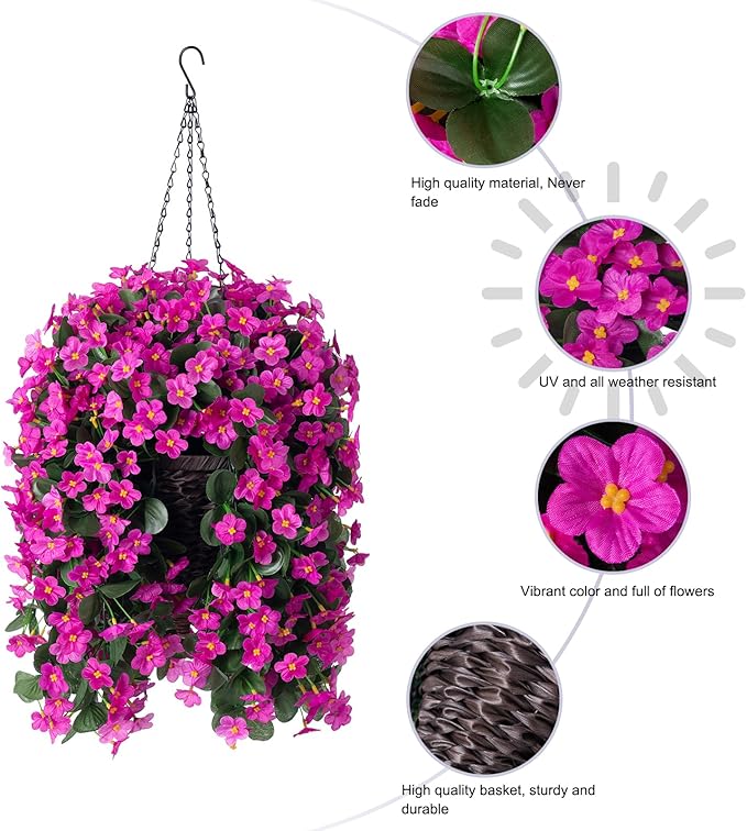 Artificial Faux Silk Hanging Flowers Plants Baskets for Outdoor Outside Spring Summer Decoration, Fake UV Resistant Look Real Fuchsia Orchid Trailing Vines for Porch Patio Home