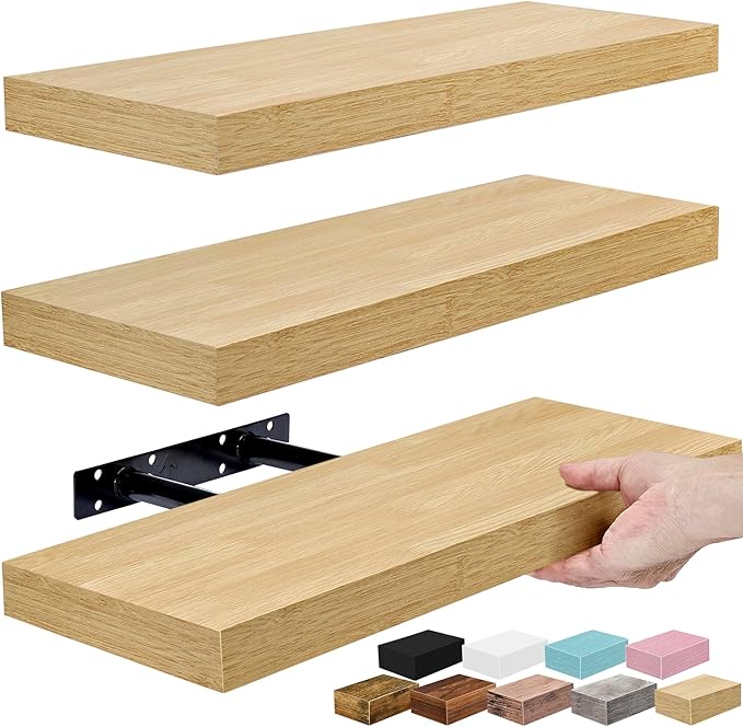 Sorbus Floating Shelves for Wall – 16 Inch Floating Shelf for Kitchen, Bedroom, Living Room, Bathroom, Home & Wall Decor - Mounted Bathroom Shelves with Invisible Brackets (Maple Wood, 3 Pack)