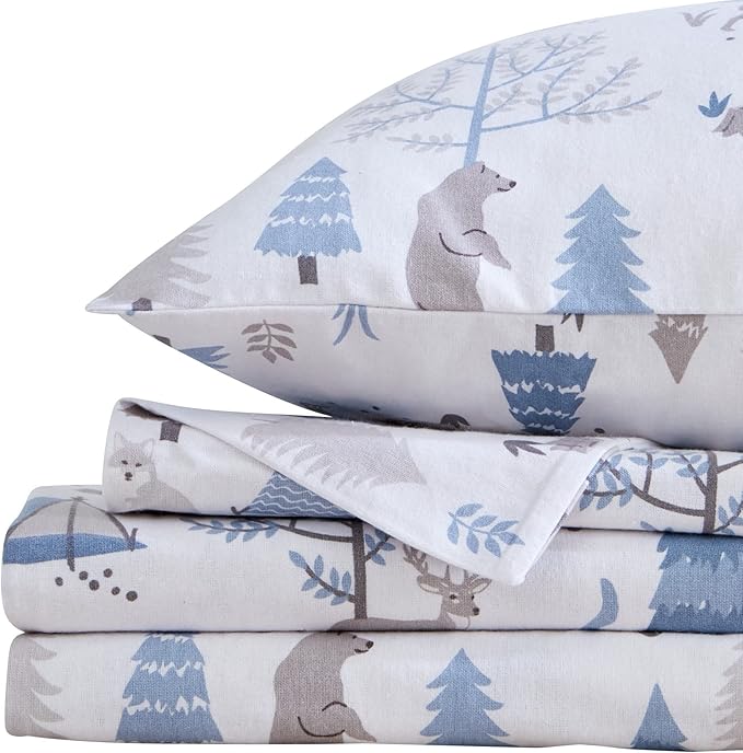 Market & Place 100% Turkish Cotton Flannel Sheet Set | 4 Piece Deep Pocket Novelty Cozy Winter Bed Sheets | Double Brushed for Extra Softness & Comfort | Alpine Collection (Full, Winter Wildlife)