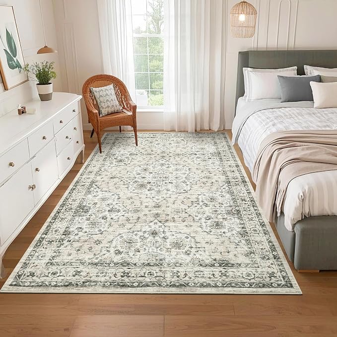 Washable 5x7 Area Rug Boho Vintage Soft Living Room Rug Non-Slip Dining Room Floor Carpet Low Pile Non Shedding Boho Accent Rug Oriental Indoor Carpet for Bedroom Home Decor Office, Beige