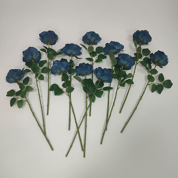 ATFL Grayish Blue Plastic Roses Bouquet,Realistic Gray Blue Flowers Artificial for Vase,12 Pcs Artificial Long Stem Fake Faux Silk Floral Roses for Decorations