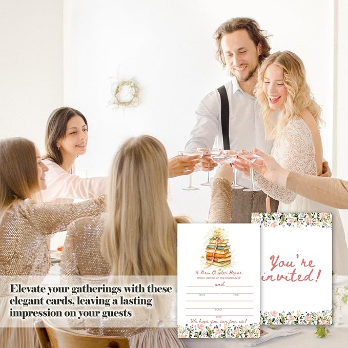A New Chapter Begins Wedding Invitations, 5"x 7" Flower Book Theme Wedding Invites Card With Envelopes, 25 PCS for Party Decorations and Supplies - A13