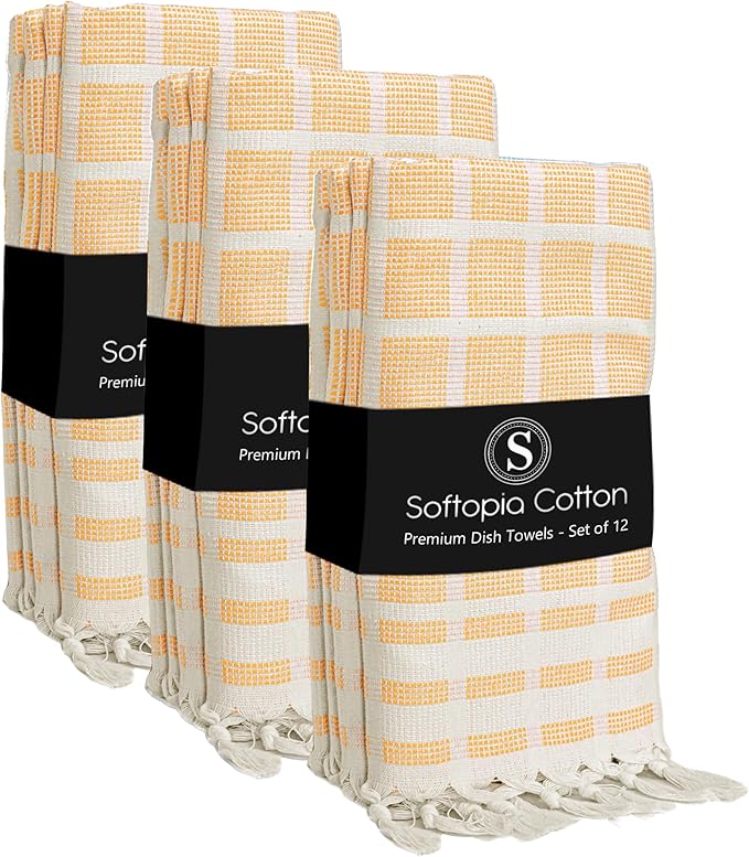 Matrix Dobby Kitchen Towels 12 Pack 100% Cotton, 16x26 Inches, Decorative Tea Towels with Handmade Tassels, Absorbent Washable Wash Cloths for Kitchen Drying - Mustard Yellow, Natural