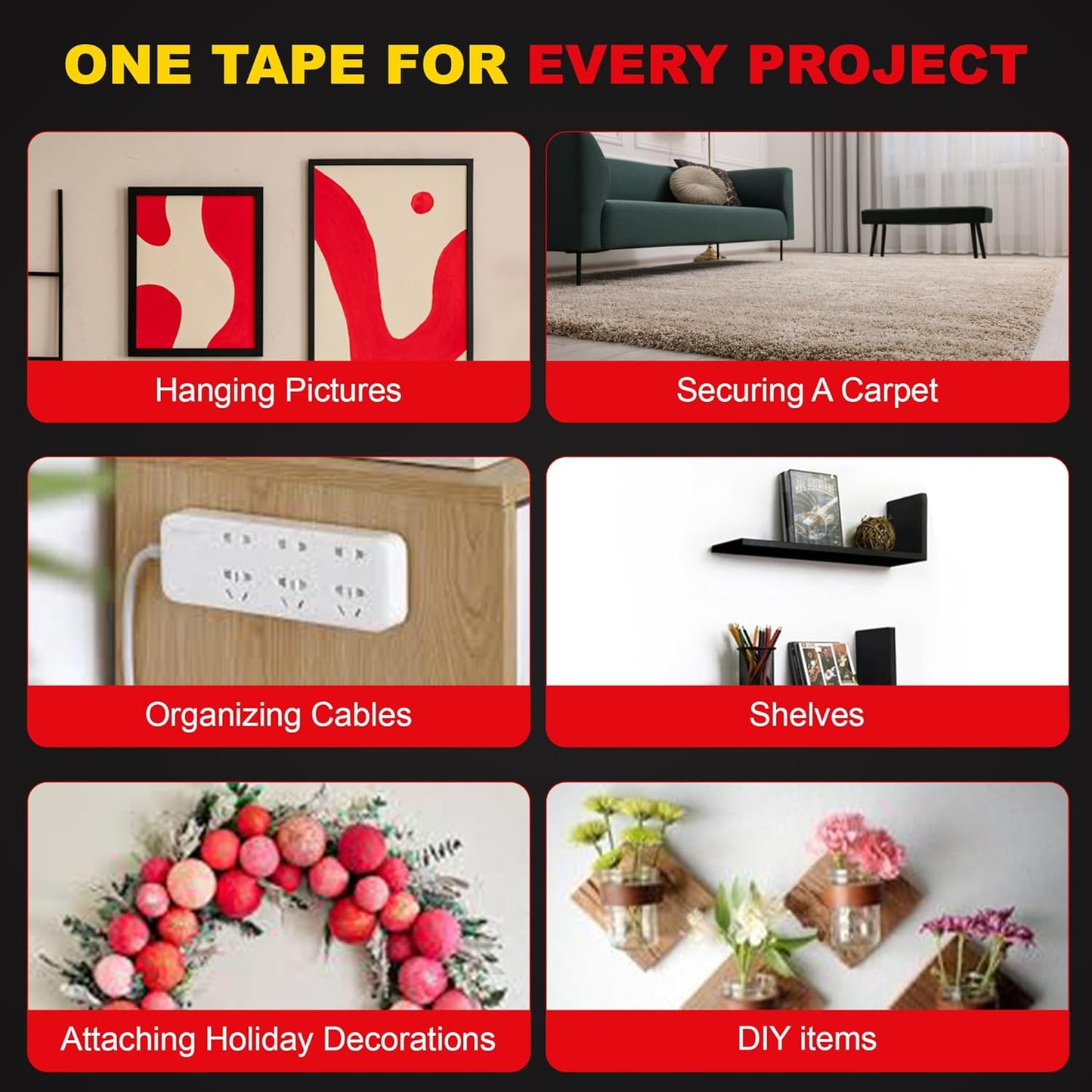 TAPEWELL Double Sided Heavy Duty Tape - Strong Adhesive Strips for Pictures & Carpets | 1.18” x 9.8 Ft