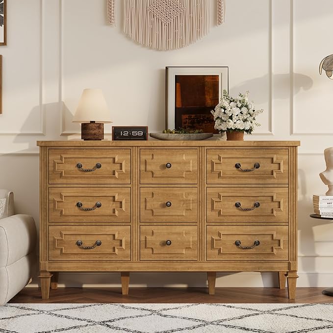 BLANKSPACE 9 Drawer Dresser for Bedroom, 35.7" Tall Dresser & Chest of Drawers wtih Vintage Surface, Closet Storage Cabinet for Living Room, Hallway, Natural Oak