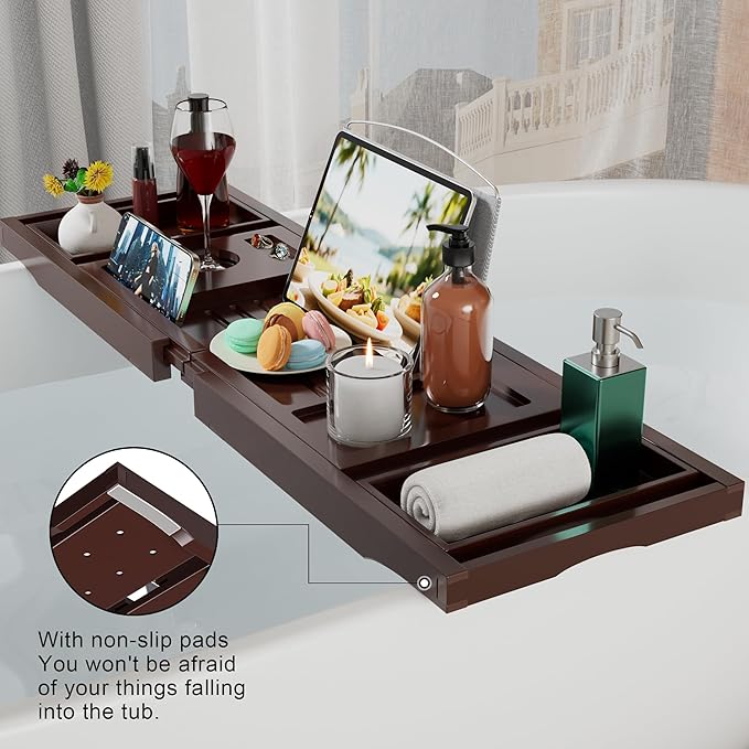 Bathtub Caddy Tray for Tub,Foldable Bath Table Trays,Bamboo Shelf with Book and Wine Glass Holder,Bathroom Accessories Suitable for Luxury Spa or Reading,Brown