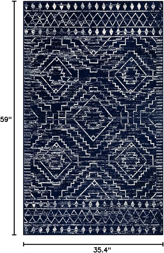 Wonnitar Moroccan Washable Rug 3x5, Blue Non-Slip Entryway Area Rug, Soft Farmhouse Bedroom Throw Mat, Geometric Low Pile Scandinavian Accent Carpet for Entry Kitchen Basement (Blue,3'x5')