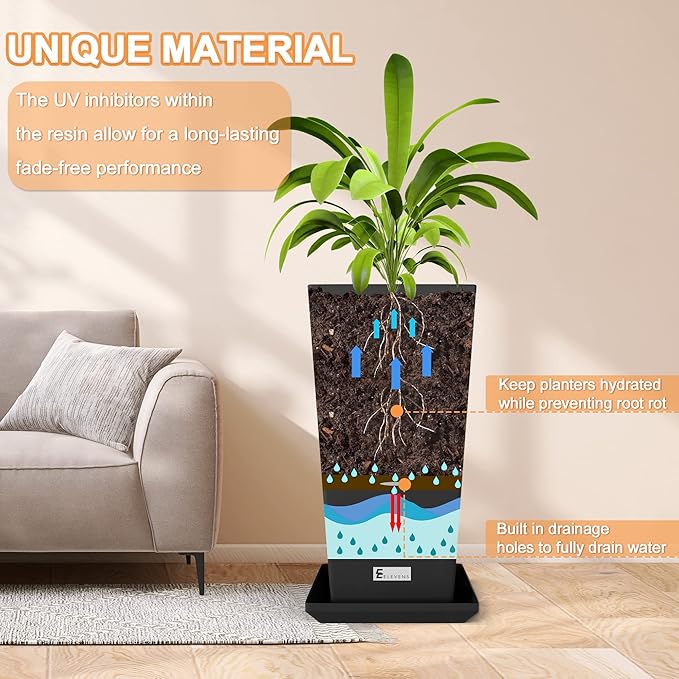 Elevens Outdoor Planter Larger Flower Pots Indoor Taper Garden V-Shape Tall Planters 30 inches Garden Pots Planter with 2 Trays - Black（2 Packs）, 30"-2 Pack (USAM004)