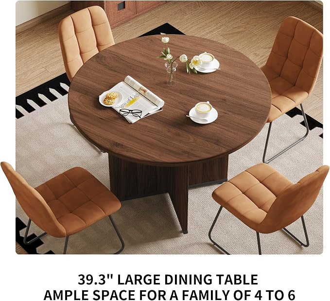 HIPIHOM Modern Round Dining Table Set for 4, 39.4" Walnut Kitchen Table with 4 PU Leather Chairs, 5-Piece Mid-Century Dining Room Set for Small Spaces, Pedestal Base