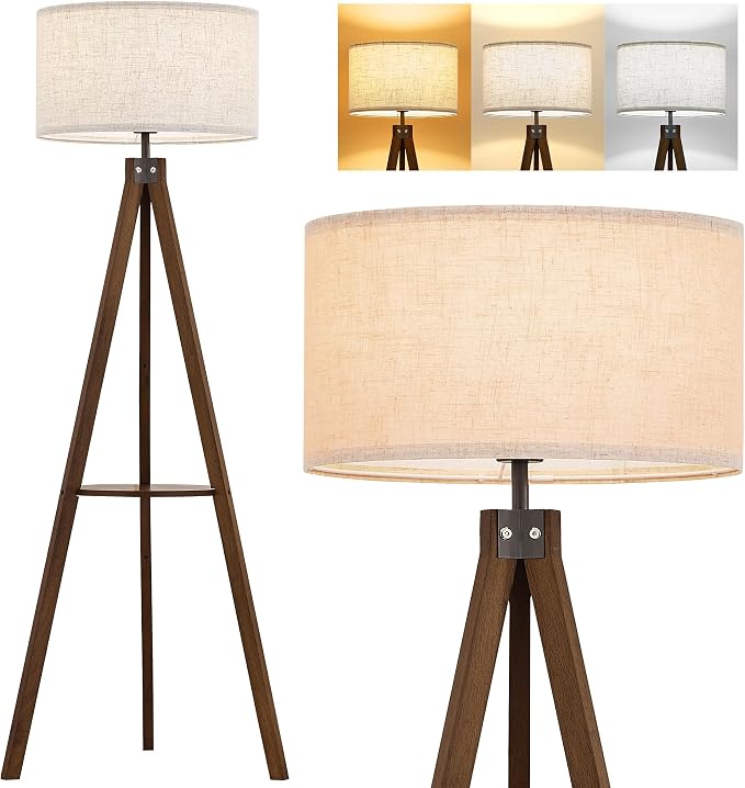 ELYONA Tripod Floor Lamp with Table, Mid Century Wood Shelf Standing Light Modern Tall Floor Lamp with Linen Shade for Living Room Bedroom Office,Dark Brown, 3 Color Temperatures LED Bulb Include
