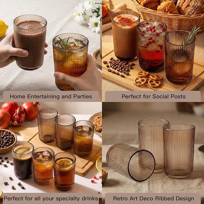 Gray Ribbed Highball Glasses Set of 6, 13.2oz Smokey Gray Colored Glassware, Drinking Glasses for Water, Juice, Iced Coffee, Cocktails, Glass Cups, Housewarming Christmas Gift