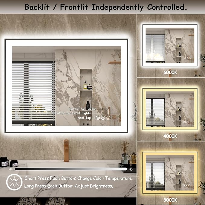 40x30 Led Bathroom Mirror, Dimmable Framed Vanity Mirror with Lights, Backlit and Front Lighted Mirror for Wall, Anti-Fog(Horizontal/Vertical)