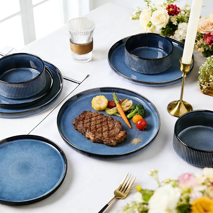 MONITO Ceramic Dinnerware Sets for 4, 12PCS Stoneware Plates and Bowls Sets, Reactive Glaze Dish Set, Chip and Scratch Resistant Double, Microwave and Dishwasher Safe, Dark Blue