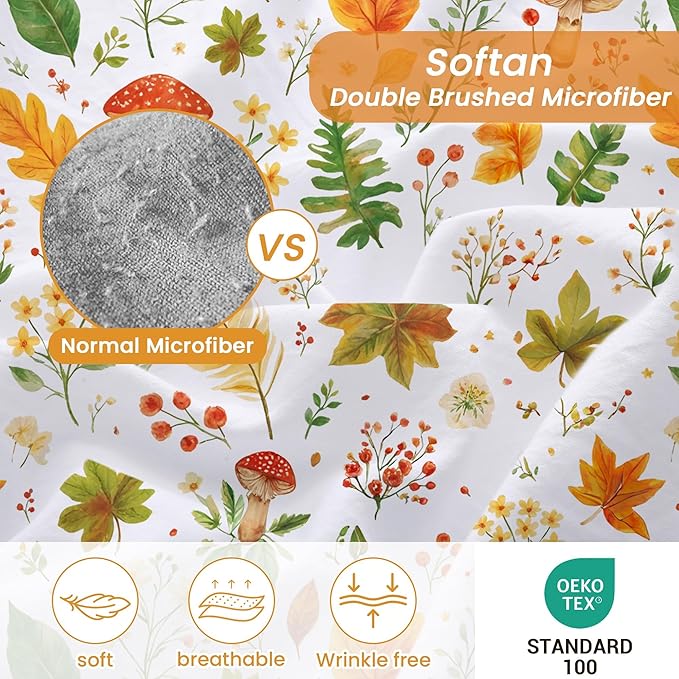 Softan Orange Floral King Size Sheet Set, Printed Microfiber Fitted Sheet with 15" Deep Pockets & Non-Slip Straps, Maple Leaves & Mushroom Patterned Bedding Sheets & Pillowcase Set