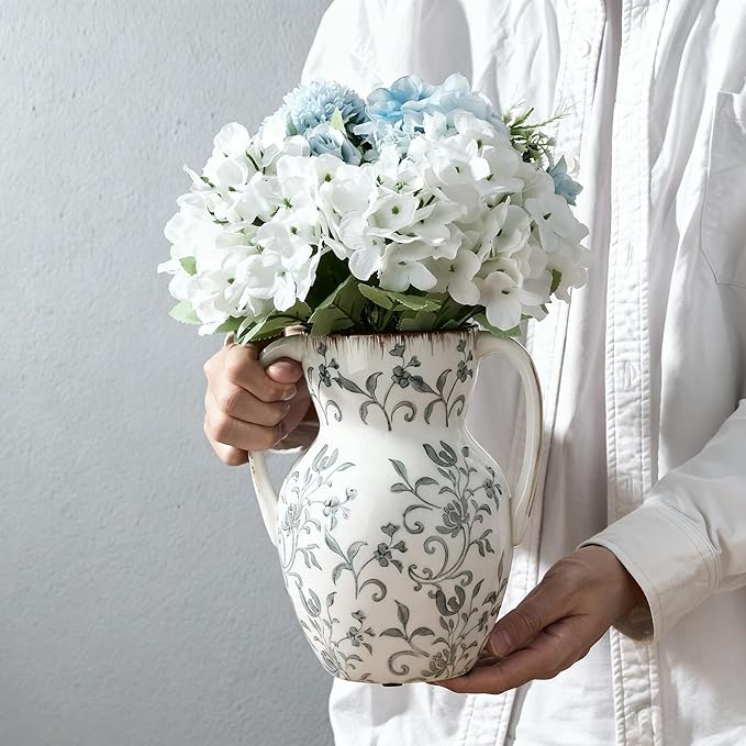 Gray and Beige Farmhouse Vintage Vase with 2 Handles, Chinoiserie Floral Vase, Rustic Ceramic Vases for Home Decor, Wedding, Living Room, Table, Shelf Decor - 8.3 Inch Tall