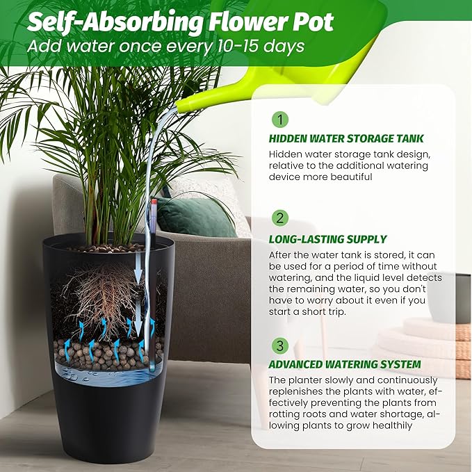 Tall Planters - Set of 2 Large 22 in Planters for Outdoor Indoor Plants, Water Level Monitor, Inner Bucket, Automatic Watering, Ideal for Porch Patio Backyard, Black