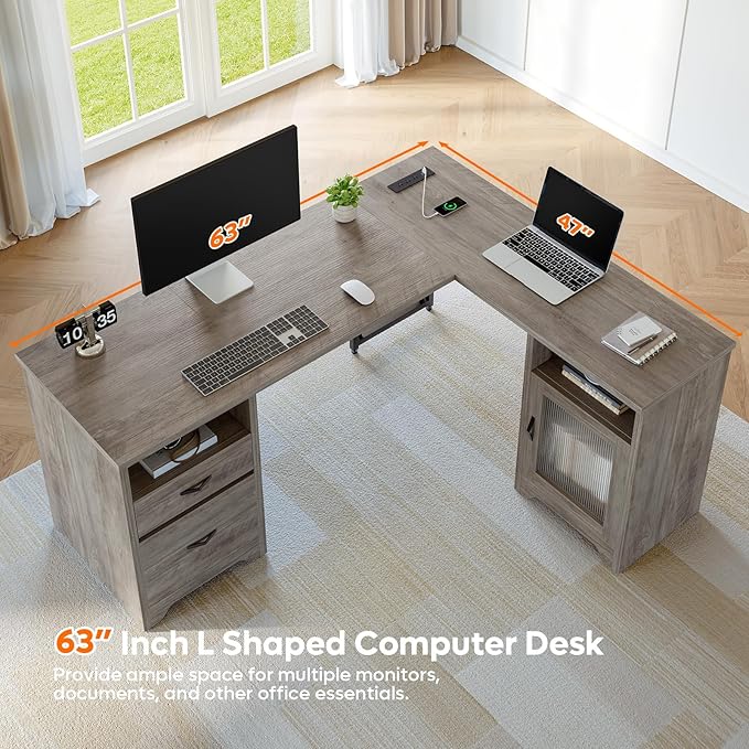 Bestier Farmhouse L Shaped Desk with Drawers, 63" x 47" Office Computer Desk with Charging Station & Fluted Storage Cabinet, Corner Desk with File Drawers, Modesty Panel for Home Office, Grey