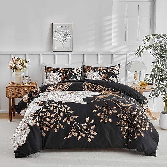 mixinni Black Floral Duvet Cover Full Size, 3 Pieces Garden Style Botanical Flowers Leaves Bedding Set, Soft Cotton Reversible Farmhouse Boho Duvet Cover and 2 Pillowcases for All Season-Full Size