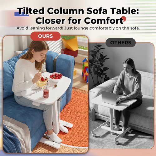 JOY Worker Low Height Mobile Standing Desk - Adjustable TV Tray Table with Foldable MDF Top, White