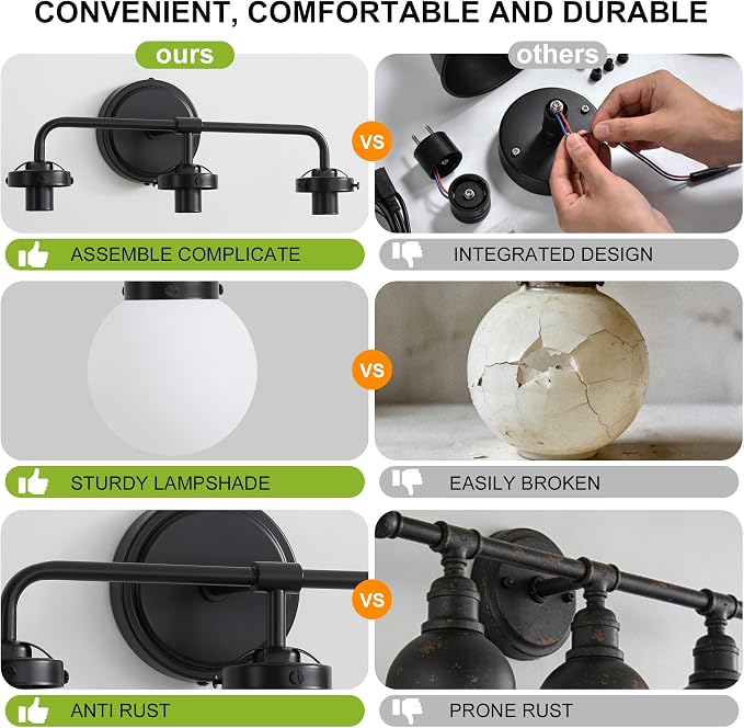 Bathroom Light Fixtures, 18.26'' Black Vanity Light, Modern 3 Lights Wall Sconce with Milky Glass Globe Shade, Mid-Century Bathroom Lighting Fixtures Over Mirror for Bathroom, Living Room