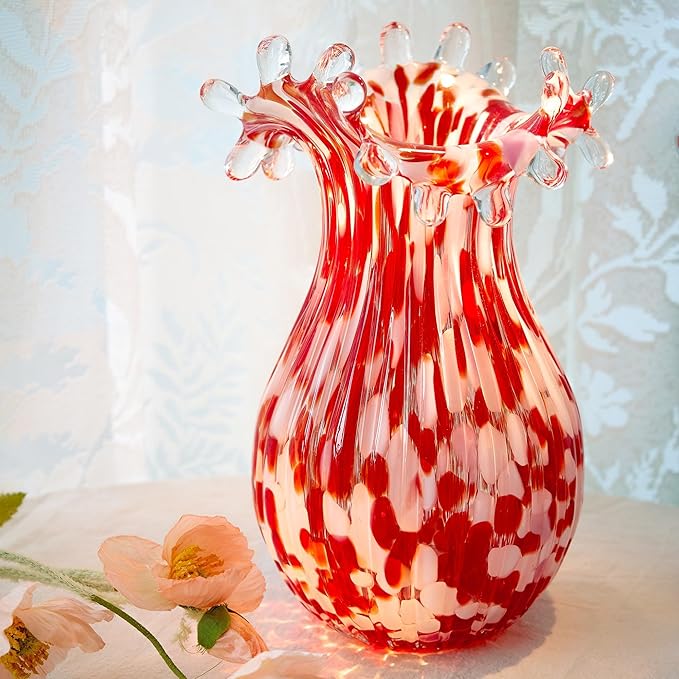 QFkris Hand Blown Glass Vase for Flowers, 8 Inch Red Crystal Bubble Flower Vases for Bouquet Home Decor Decorative Centerpieces, Unique for Mom, Valentine's Day Gift for Her Lover