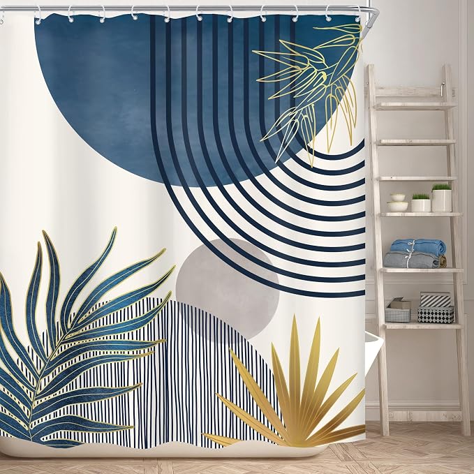 KOMLLEX Mid Century Boho Shower Curtain for Bathroom Decor Abstract Modern Sun Minimalist Aesthetic Arch Curve Leaves Geometric Navy Blue Gray Neutral Fabric Waterproof Polyester 12 Hook 60Wx72L