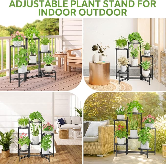 iDavosic.ly 6 Tier Large Plant Stand Indoor with 10-Inch Wide Drainage Tray, Tiered Corner Metal Outdoor Flower Display Holder Shelf, Folding Tall Rack for Patio Porch Balcony, Black Iron Carving