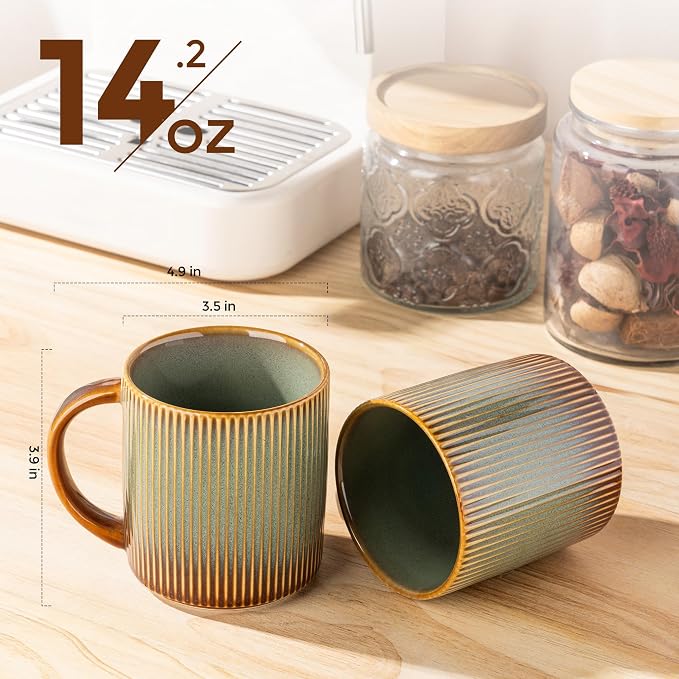 theterra Ceramic Coffee Mugs Set of 4, 14.2oz Handmade Coffee Cups with Handle for Latte, Tea, Milk, Beer, Hot Cocoa, Sage Umber