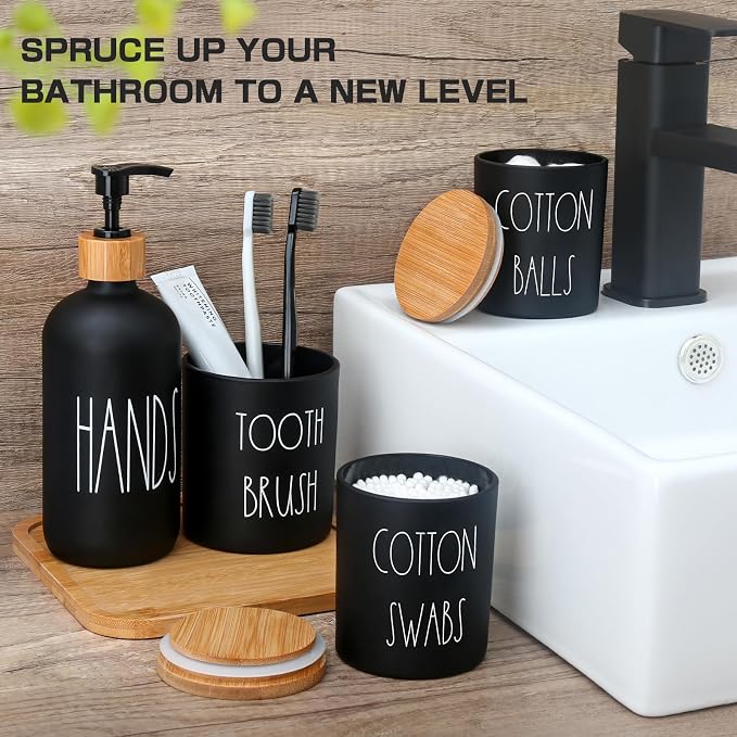 Matte Black Bathroom Accessories Set, 5 Pcs Glass Bathroom Accessory Set with Bamboo Tray, Soap Dispenser and Toothbrush Holder Set, Qtip Holder Set, Farmhouse Boho Bathroom Set Complete