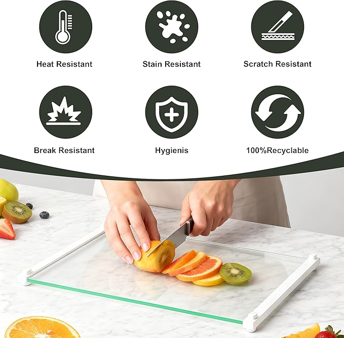 2PCS Glass Cutting Board with Silicone Grip, 80% Stronger Shatter Resistance and Slip Resistance,No Scratches/Microplastic-Free,Dishwasher Safe, Non Toxic Chopping Board for Kitchen (White)