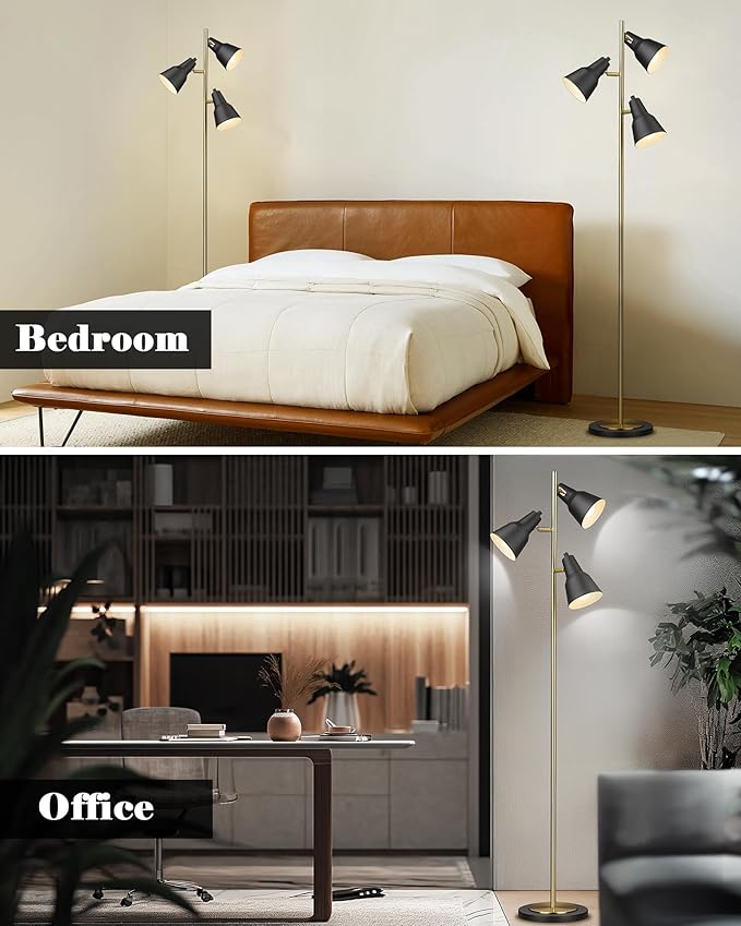 ELYONA Gold Tree Floor Lamp with 3 Adjustable Rotating Lights, Industrial Tall Pole Metal Standing Lights with 3 LED Bulbs for Living Room,Bedroom,Farmhouse,Office,Hotel, Vintage Brushed Brass & Black