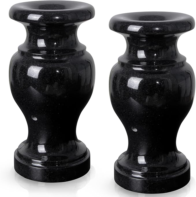 Cemetery Vase, Turned Granite Vase Polished, Black Memorial Stone Vases with Draining Holes for Home Tabletop, Cemetery Flowers, Grave Headstone Decorations (2Pcs, Black)
