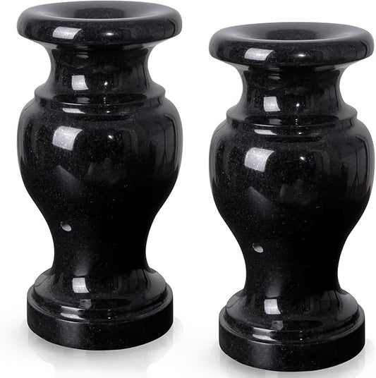Cemetery Vase, Turned Granite Vase Polished, Black Memorial Stone Vases with Draining Holes for Home Tabletop, Cemetery Flowers, Grave Headstone Decorations (2Pcs, Black)