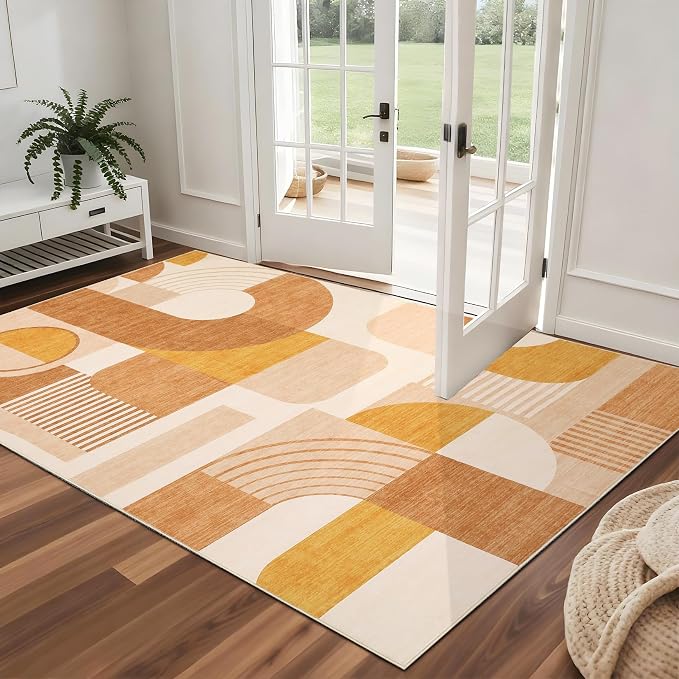 3x5 Washable Rug for Bedroom, Boho Geometric Small Area Rugs for Living Room Entryway Soft Low Pile Non-Slip Indoor Rug for Playroom Dorm Girls, Orange Multi, 3'x5'