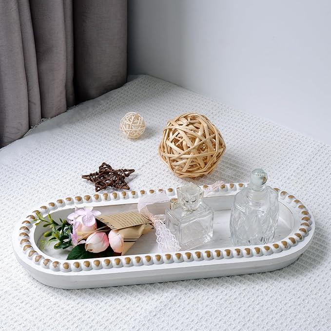 Wood Serving Tray, Wooden Bead Decorative Tray, White Washed Coffee Table Tray for Ottoman, Rustic Distressed Decor for Home, Kitchen, Farmhouse (White)
