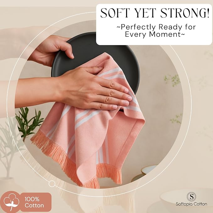 Prewashed Stripe Dish Towels 4 Pack, 16x26 Inches, 100% Cotton Kitchen Cloths, Quick Drying Wash Rags, Reusable and Absorbent, Washable Towels for Cleaning, Cooking - Light Orange